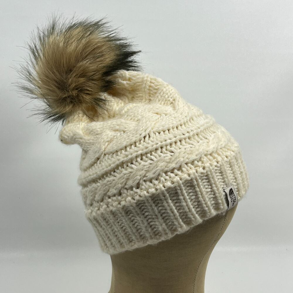 THE NORTH FACE Hat Womens OS Triple Cable Fur Pom Beanie Winter Ski Off White